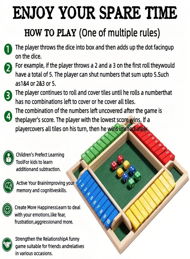 OANM Studio Wooden Shut The Box Game, Classic 2 to 6 Player Dice Board Game with 8 Dice, Traditional Tabletop Game for Adults and Families, for Game Night. - Image 5